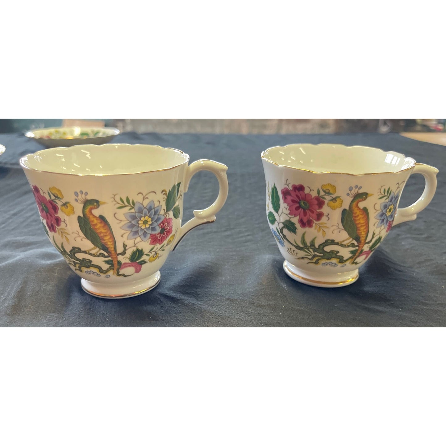 Vintage Set of 2 Crown Staffordshire Exotic Bird Coffee Cup and Saucer