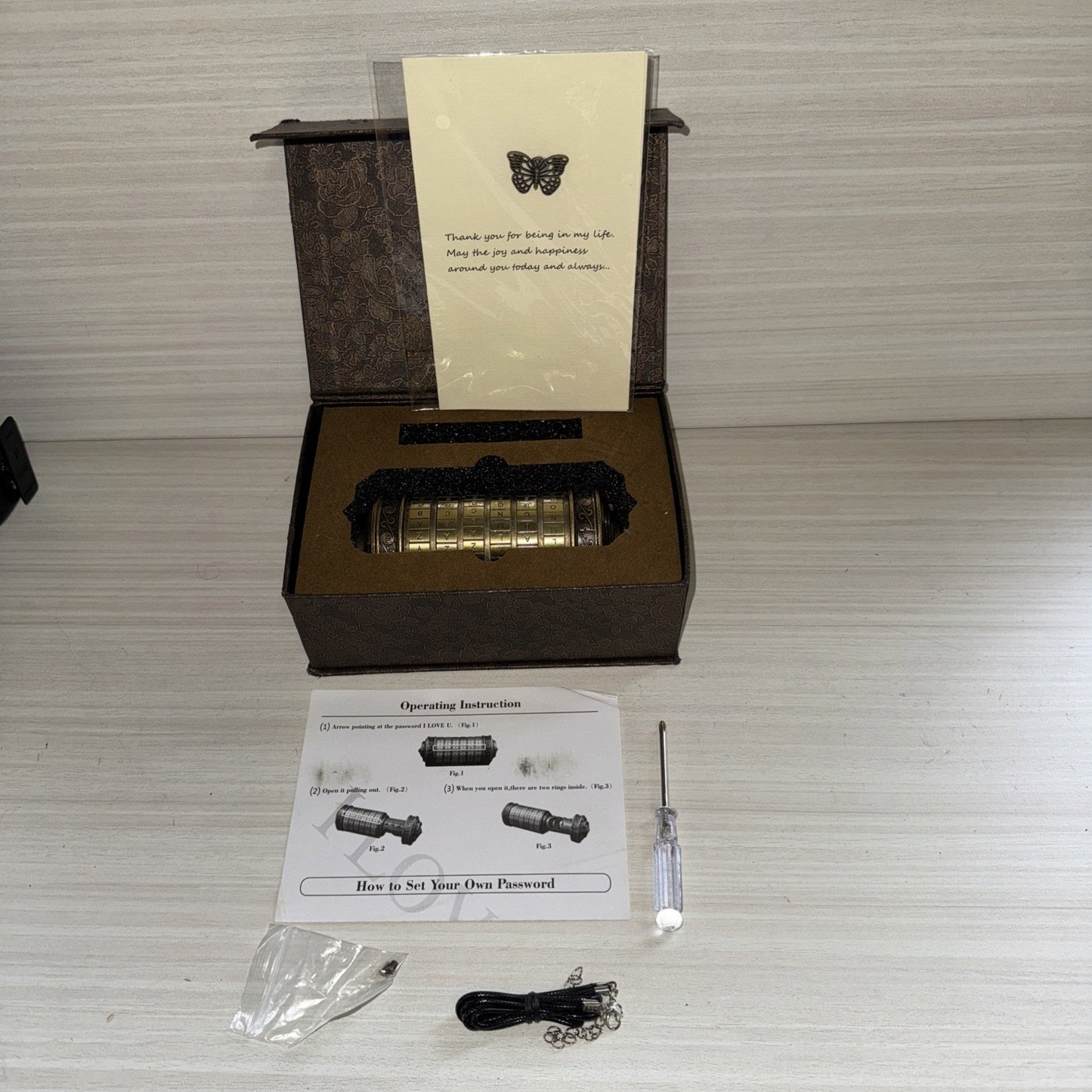 Da Vinci Code Cryptex Puzzle Lock w/ Box, Manual, Card & Butterfly Pin