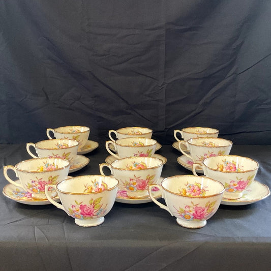 Roslyn Bone China Sunningdale Hand Painted Cups & Saucers - Set of 9 + 2 cups