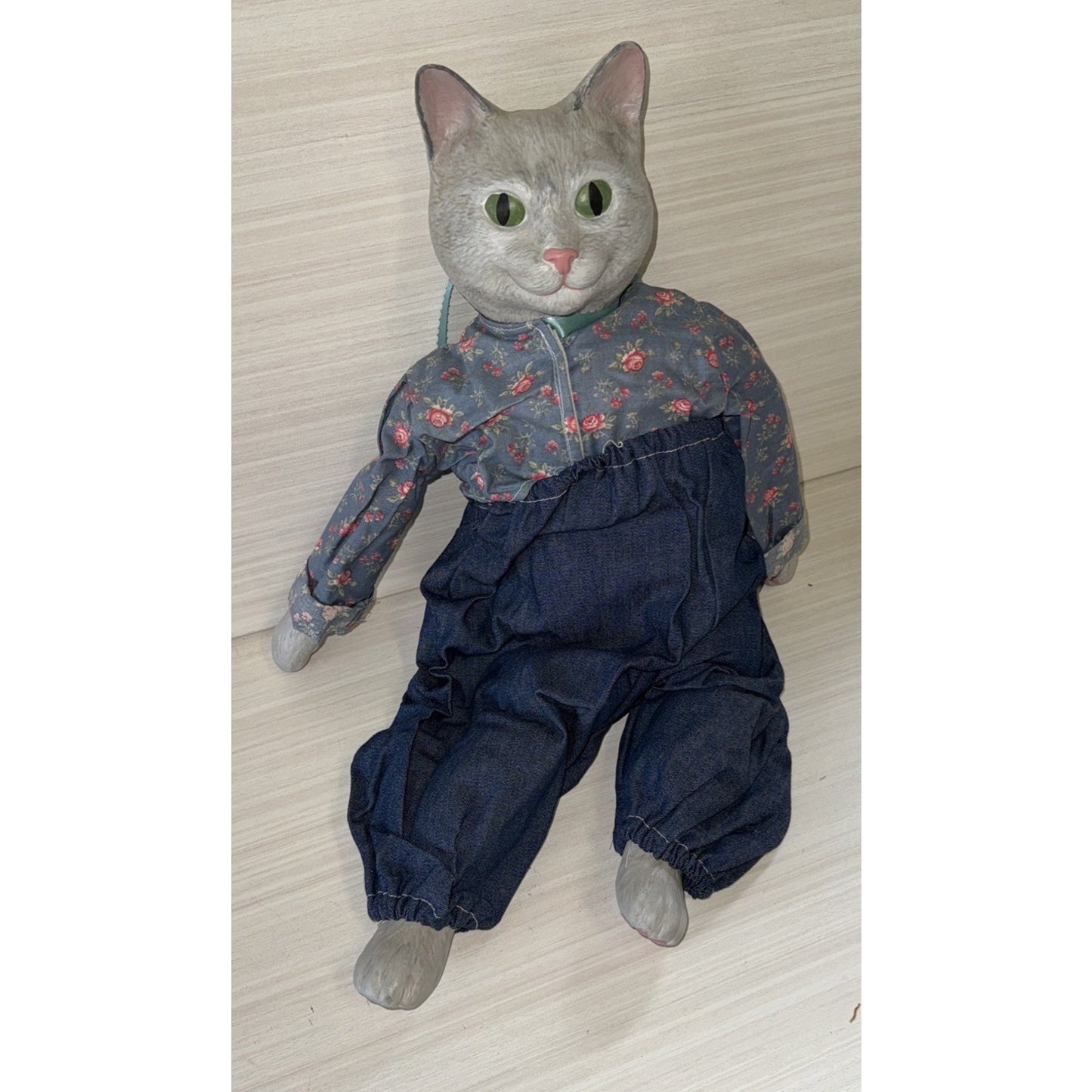 Porcelain Cat Doll VTG 22" Male Green Eyes Gray Floral Shirt Denim Jeans