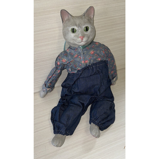 Porcelain Cat Doll VTG 22" Male Green Eyes Gray Floral Shirt Denim Jeans