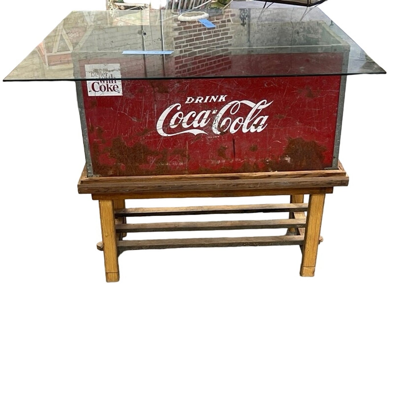 Upcycled  Bar/ Table Vintage Coca Cola Cooler with Wooden Stand and Slass Top