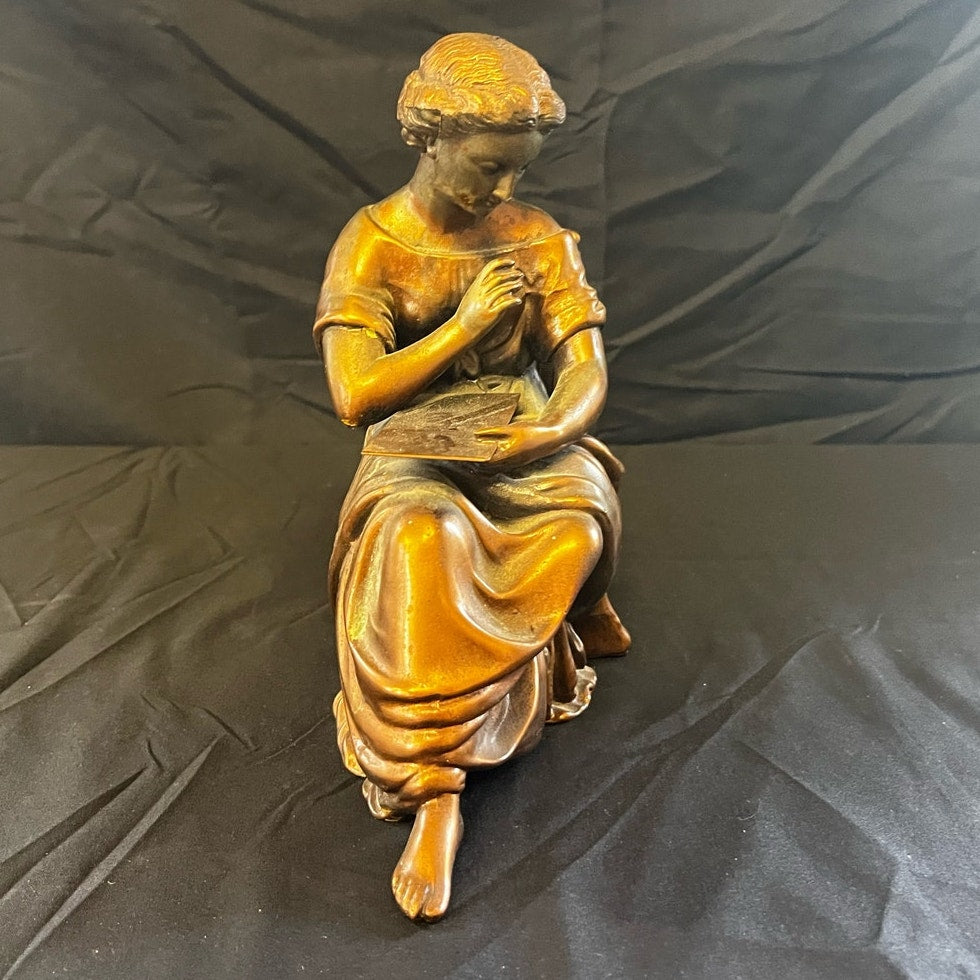 Cast Spelter Woman Sitting in Chair w/ Tablet Figurine