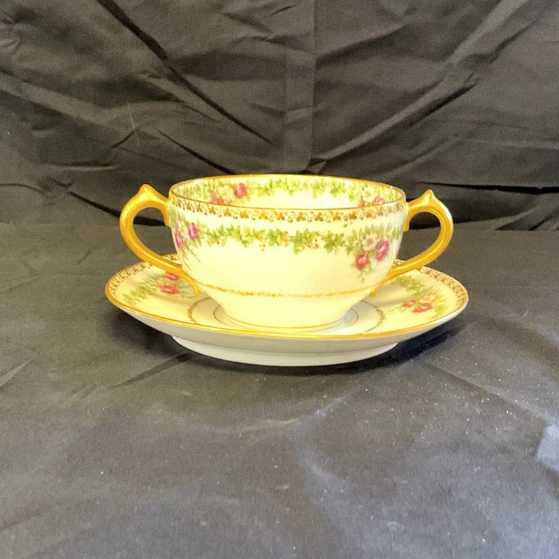 GDA Limoges Gilded w/ Ivy/Rose Pattern Bouillon Cup & Saucer