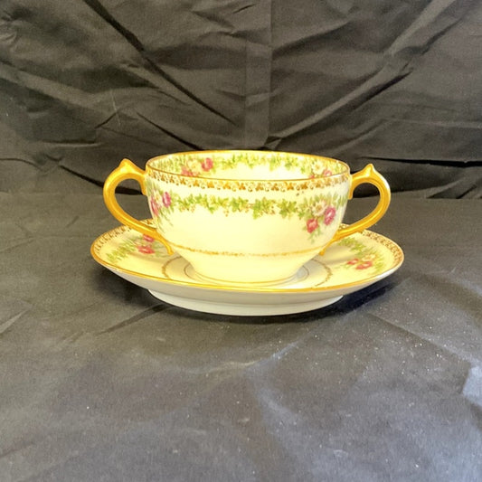 GDA Limoges Gilded w/ Ivy/Rose Pattern Bouillon Cup & Saucer