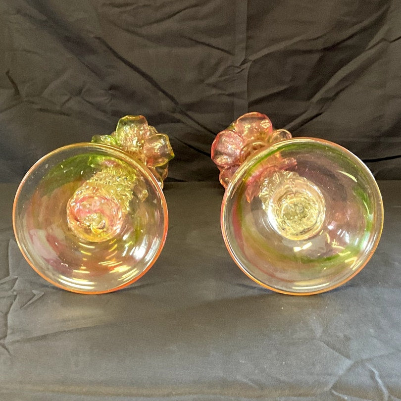 Vintage Venetian Blown Glass Floriform Candle Holders - Pair