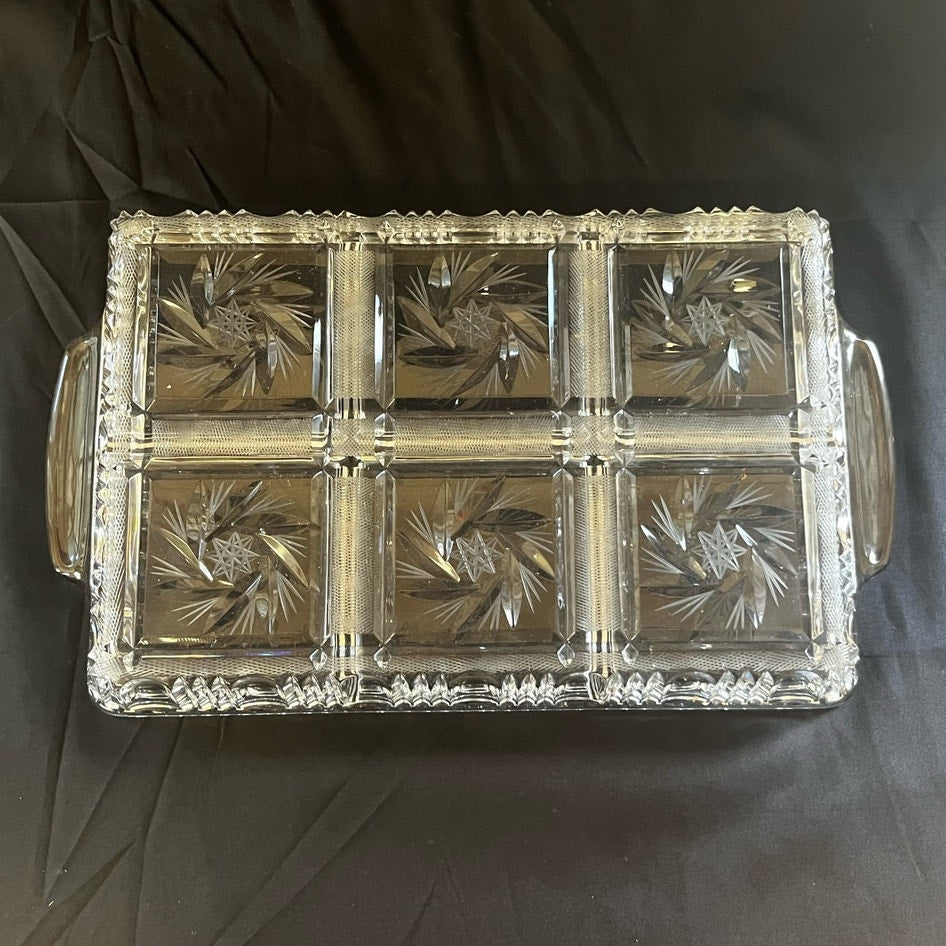 Unique Vintage Crystal Six Part Serving Platter w/ Handles