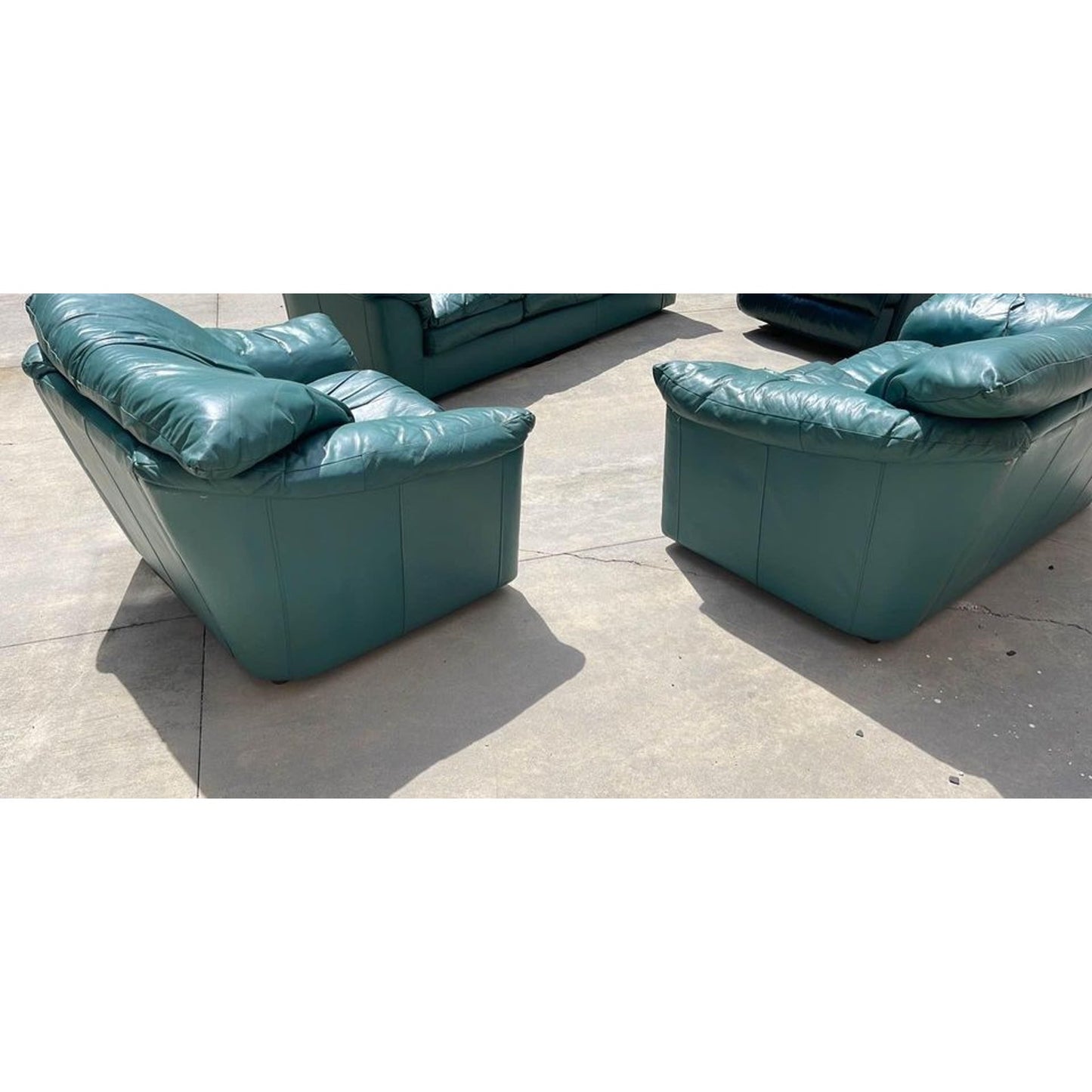 Four Piece Green Leather Living Room Sofa Loveseat And Chairs Set