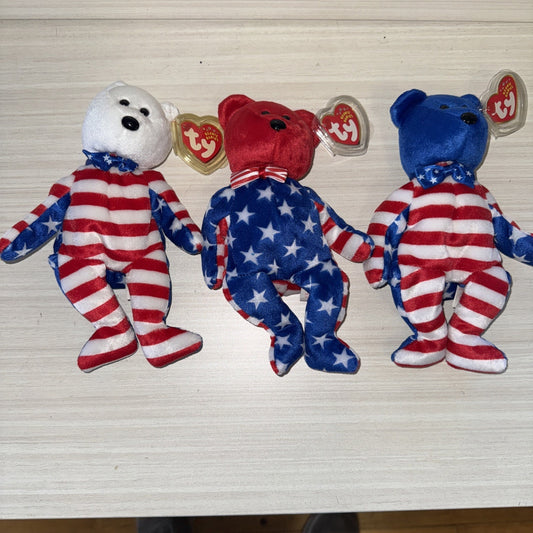 TY Beanie Babies Liberty Bears Lot of 3 VTG 2001 USA Tags RWB Clean Protected