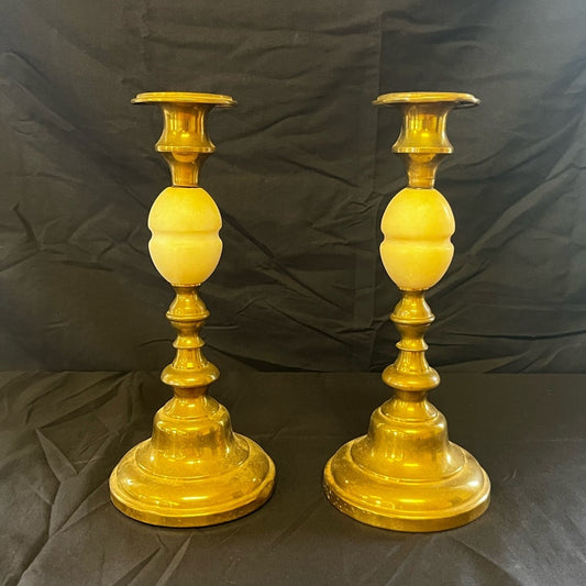 Antique Stone & Brass Candlesticks - Pair