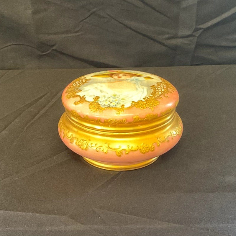 Antique Pink T&V Limoges Hand Painted Portrait Powder Jar