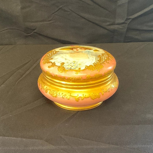 Antique Pink T&V Limoges Hand Painted Portrait Powder Jar