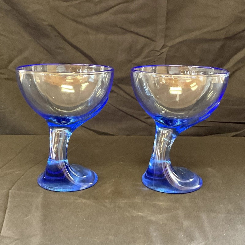 Bormioli Rocco Jerba Blue Glass Dessert Cup Goble Curved Stem - Pair