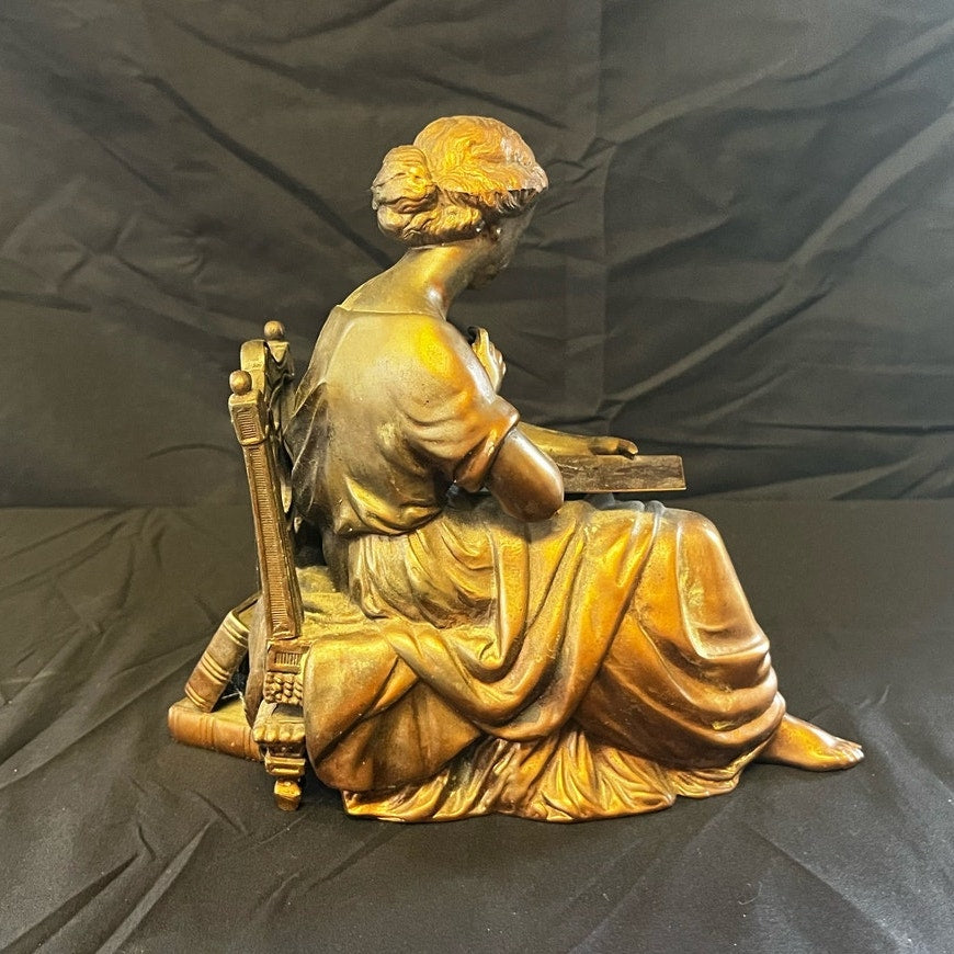 Cast Spelter Woman Sitting in Chair w/ Tablet Figurine