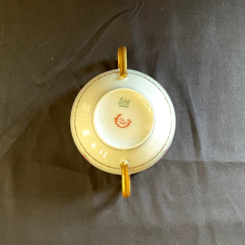 GDA Limoges Gilded w/ Ivy/Rose Pattern Bouillon Cup & Saucer