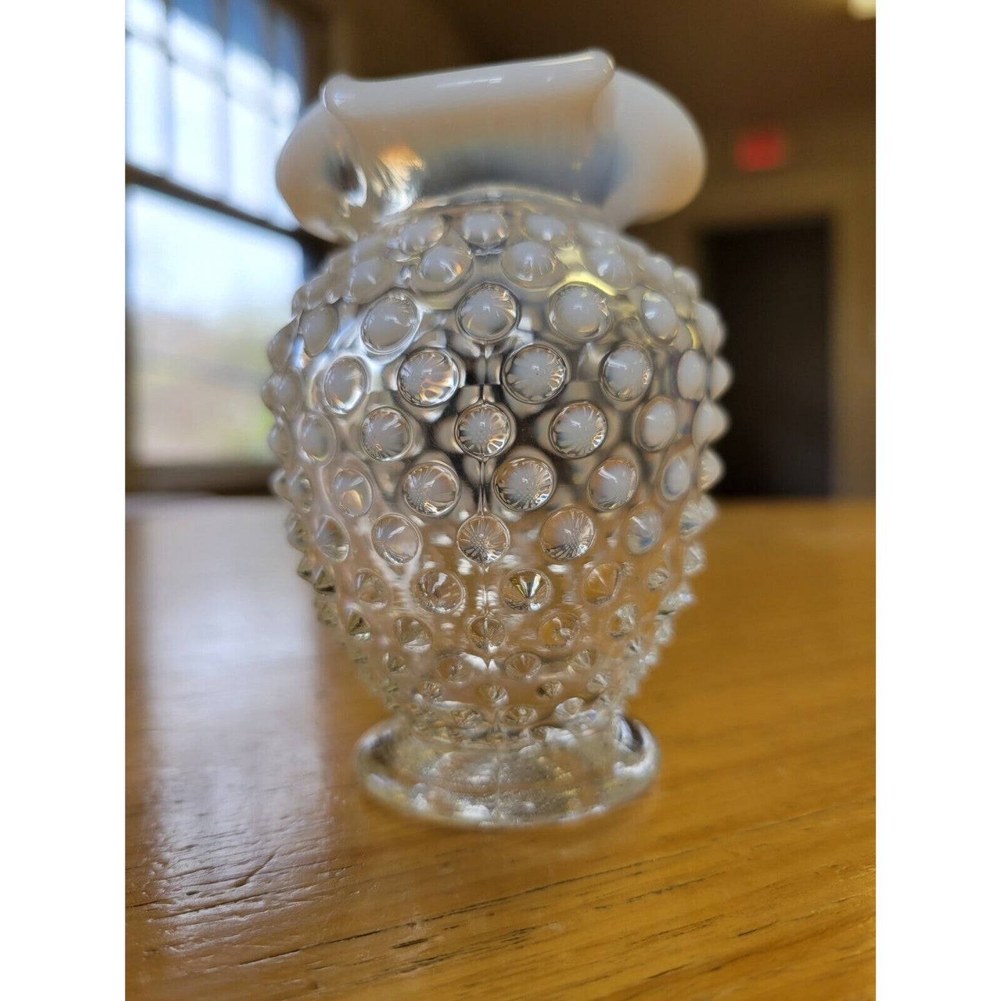 Vintage Fenton Hobnail Opalescent Clear/White Glass Footed Bud Vase