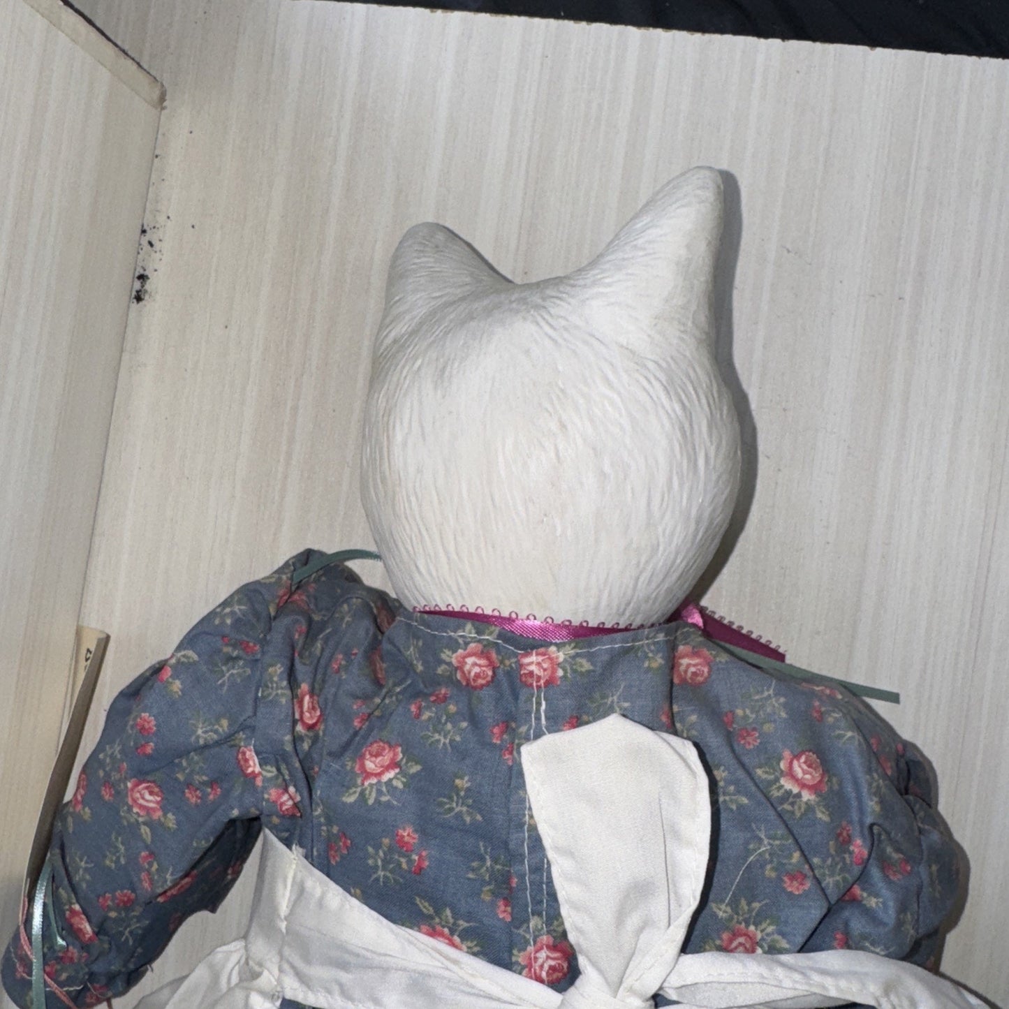 Porcelain Cat Doll VTG 22" White Handmade Gray Floral Dress by Dolls Unlimited