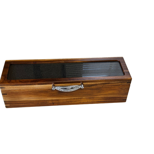 Mijenko Acacia Wood 4 Compartment Tea Chest-Glass Lid-Silver Accents🎁Gift-Ready