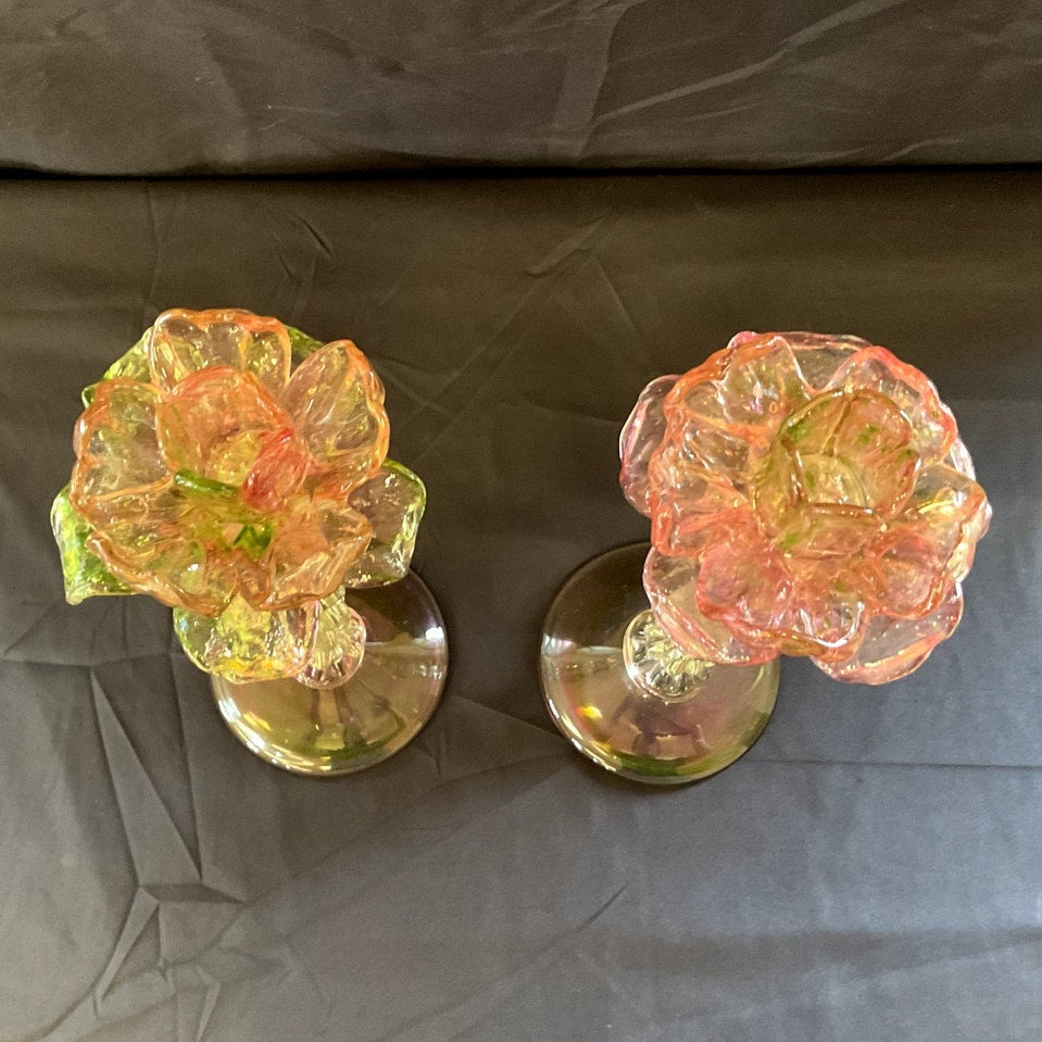 Vintage Venetian Blown Glass Floriform Candle Holders - Pair