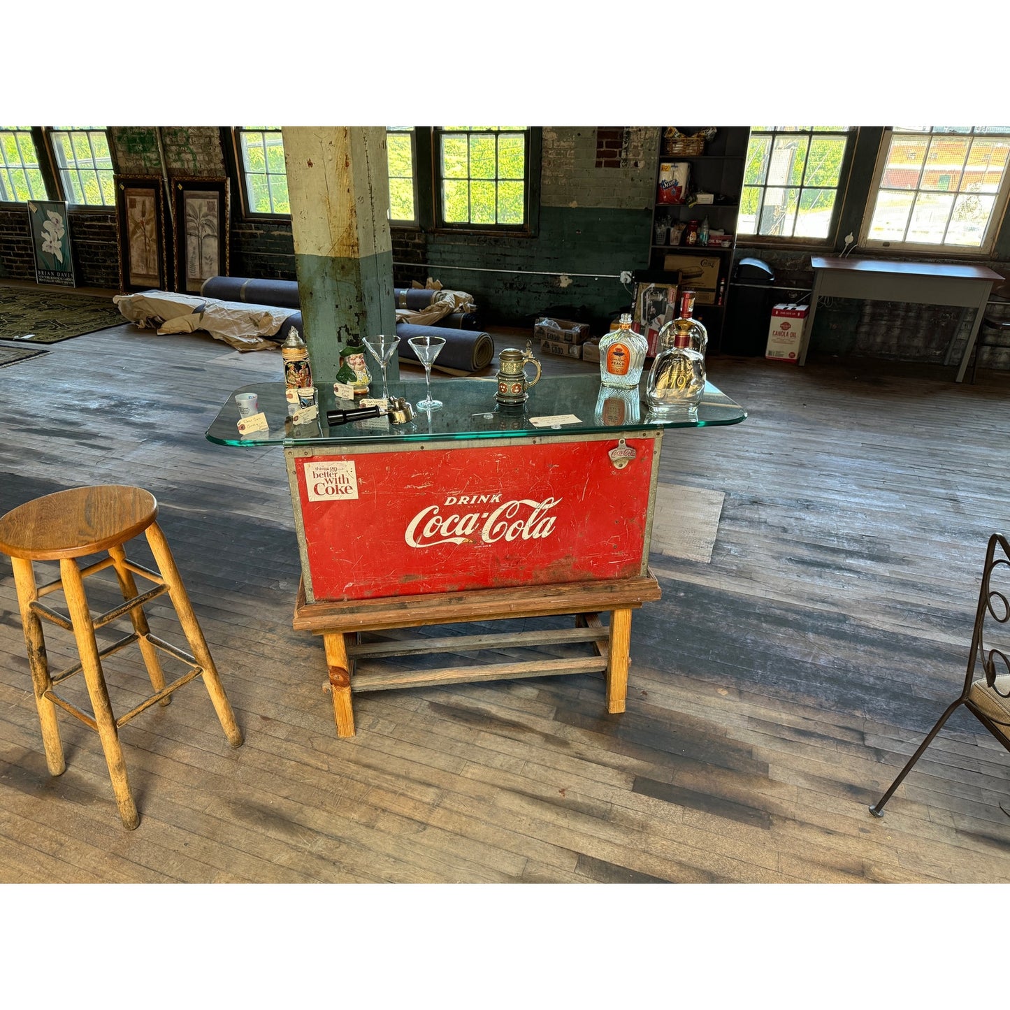 Upcycled  Bar/ Table Vintage Coca Cola Cooler with Wooden Stand and Slass Top