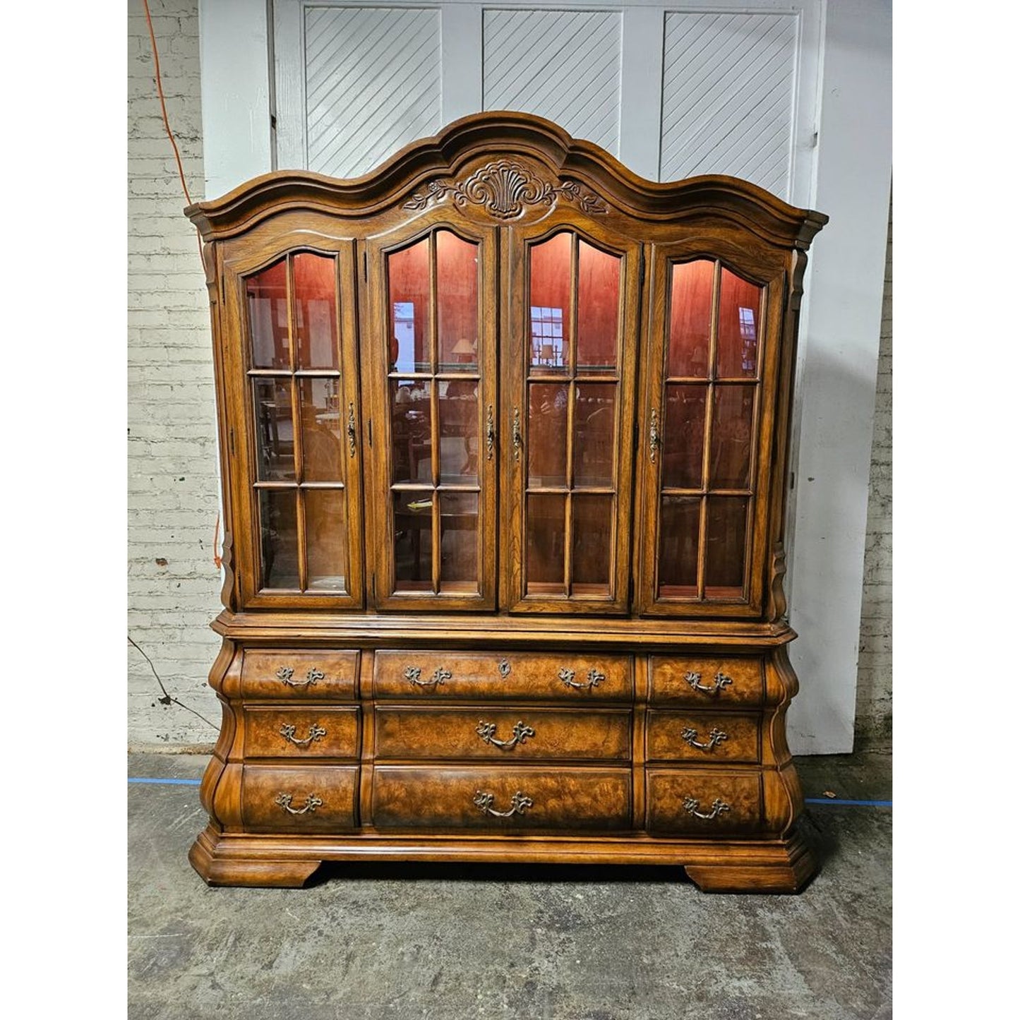 Vintage Drexel Heritage Burl Wood Illuminated Hutch