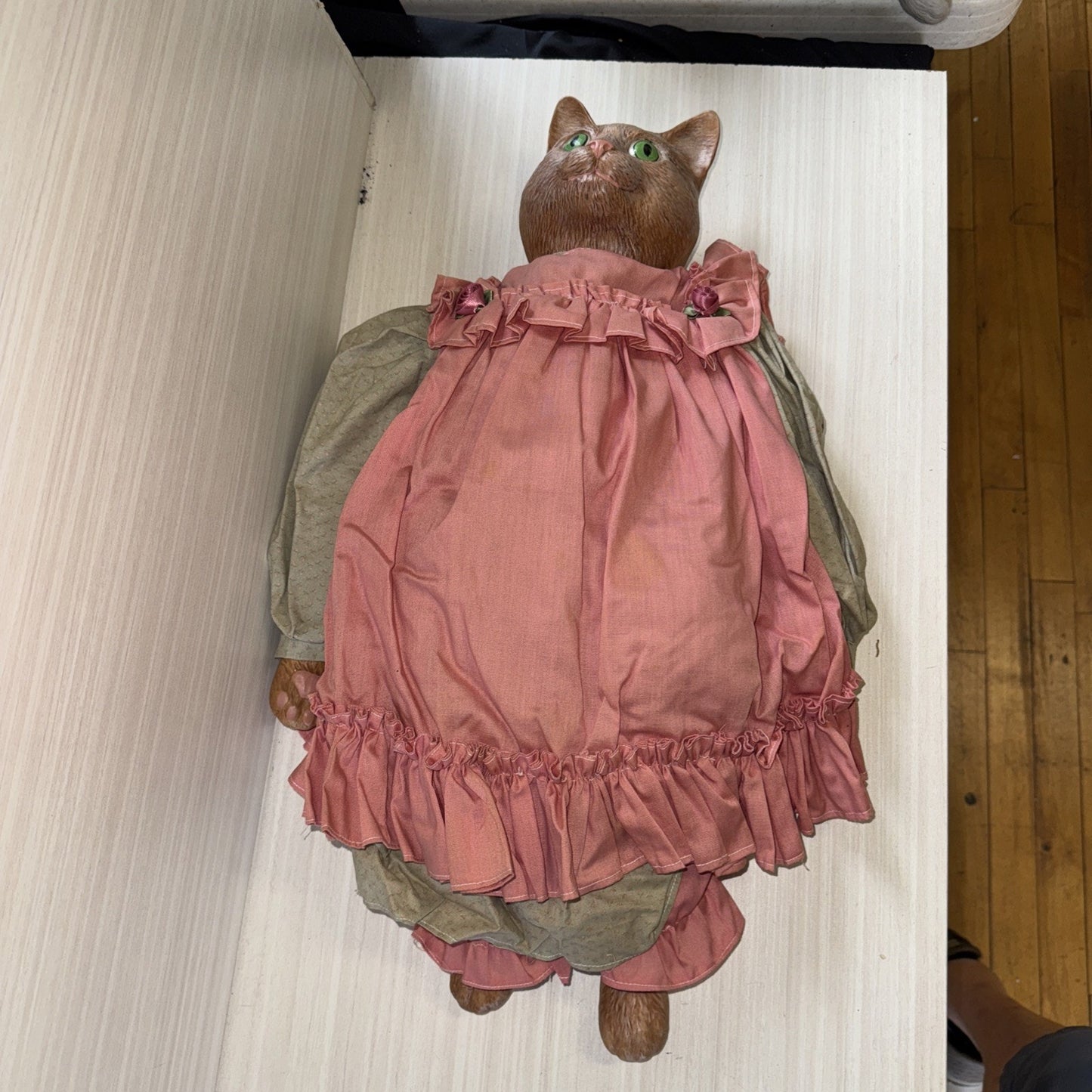 Porcelain Cat Doll VTG 22" Brown Female Green Eyes Pink Dress Clean Unique