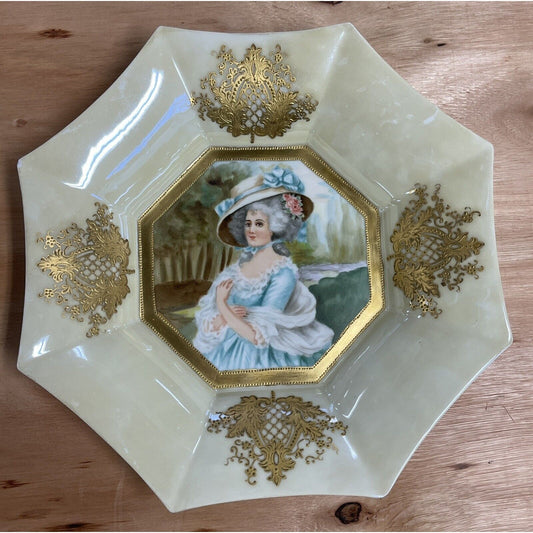 Le Seynie French Guilt Creamy Octagon Frame Portrait Porcelain Plaque circa 1903