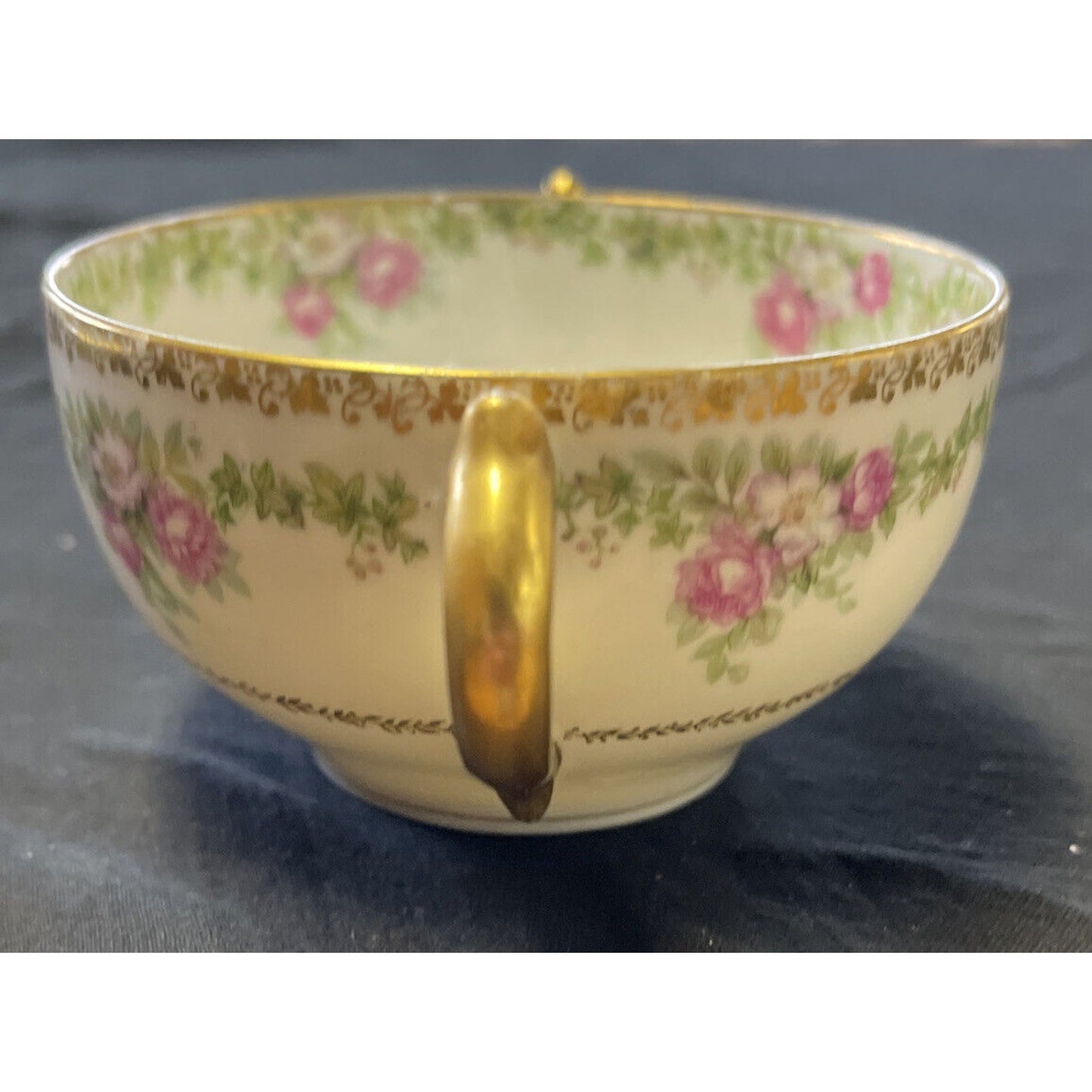 GDA Limoges Gilded w/ Ivy/Rose Pattern Cream Soup or Bullion Cup & Saucer