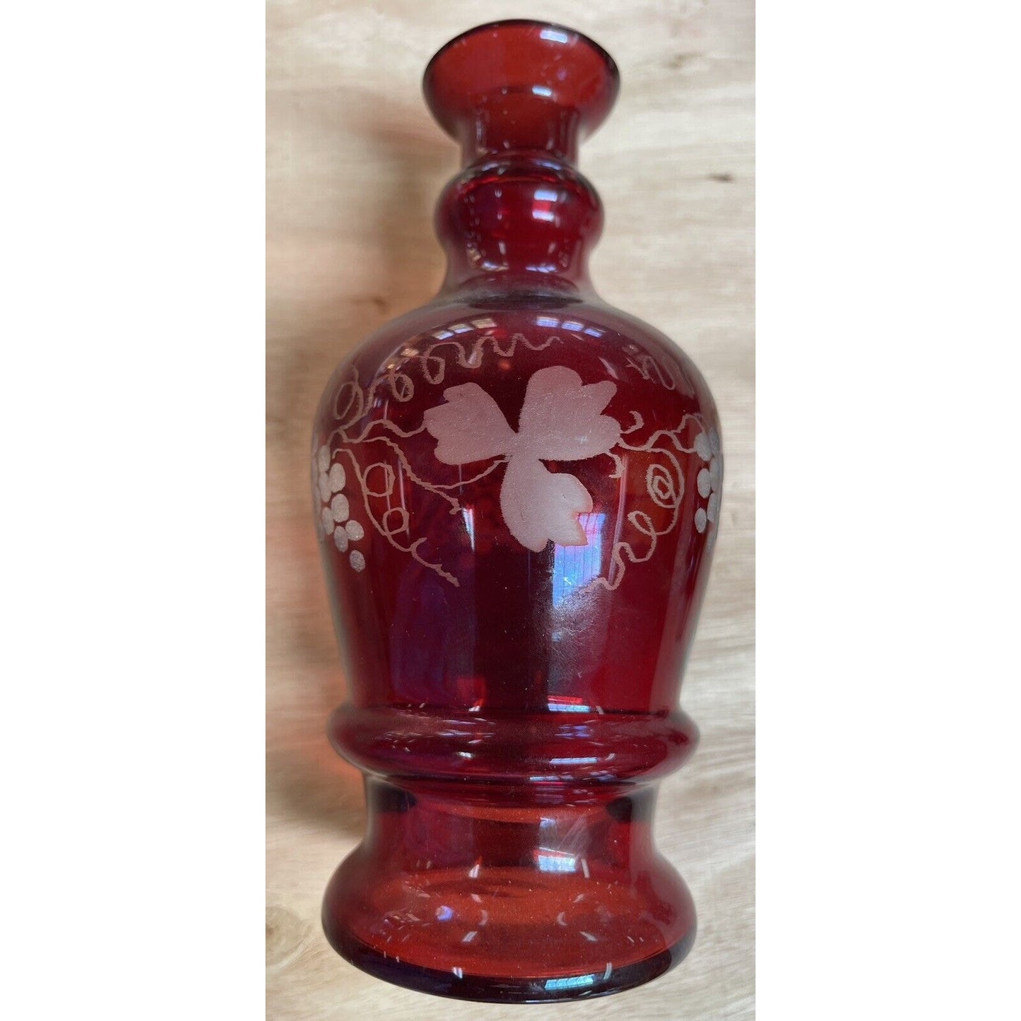 Pair of Bohemian Ruby Red Sand Etched Decanters