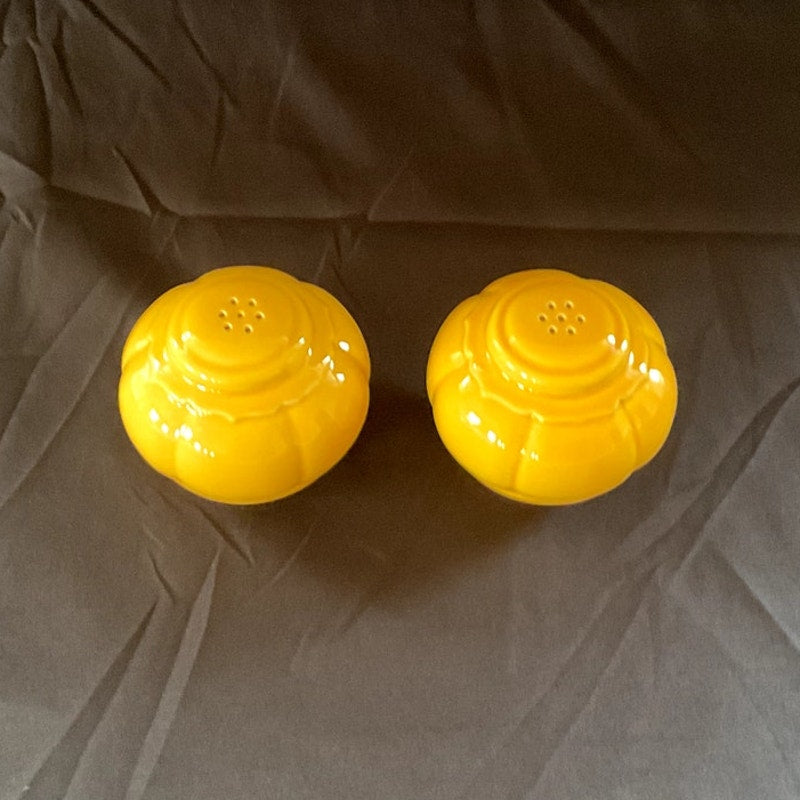 Vintage Riviera Pottery Six Hole Round Yellow Salt & Pepper Shakers (No Plug)