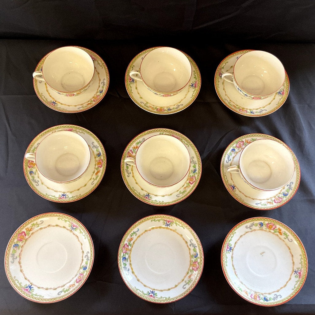 Antique Noritake Nippon Floral Pattern Tea cups & Saucers - Set of 6 + 3 saucers