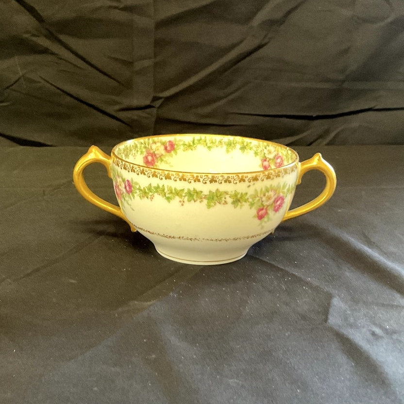 GDA Limoges Gilded w/ Ivy/Rose Pattern Bouillon Cup & Saucer