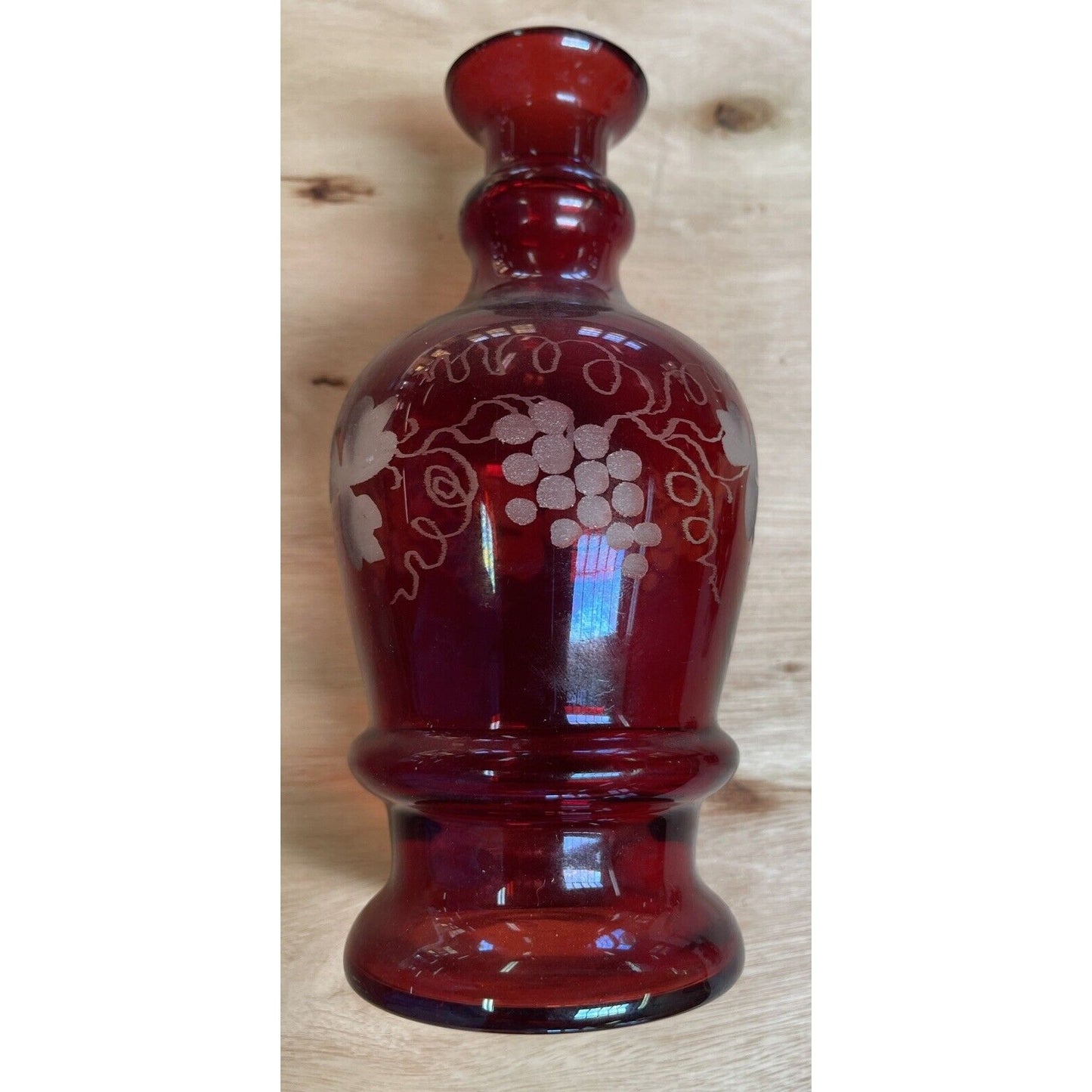 Pair of Bohemian Ruby Red Sand Etched Decanters