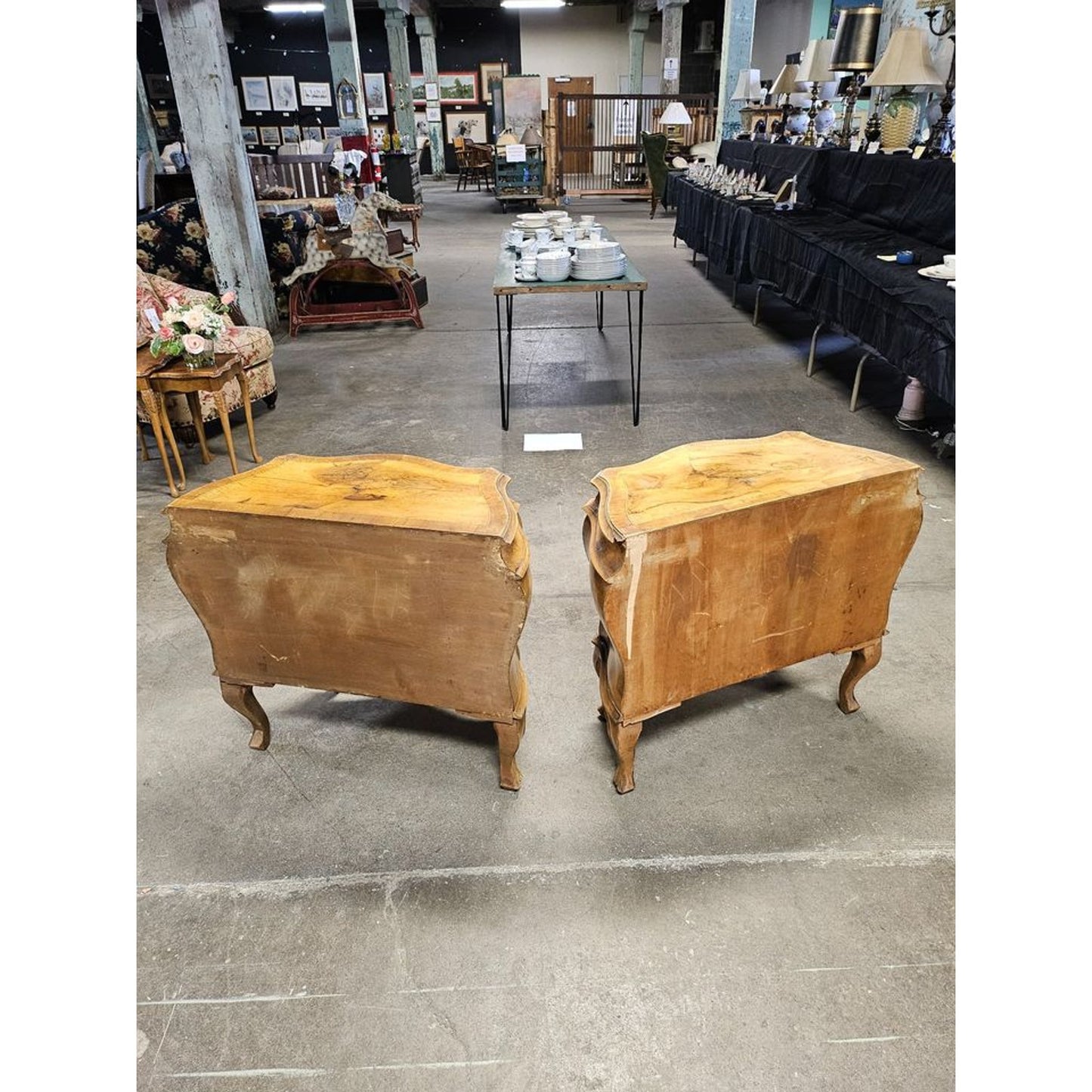 Pair of Vintage Italian Parquet Burl Wood Bombe Style Two Drawer Chests