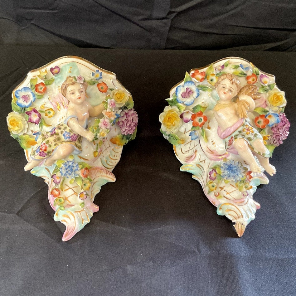 Vintage Voigt Bros. Porcelain Mini Wall Console Floral & Cherub Motif - Pair