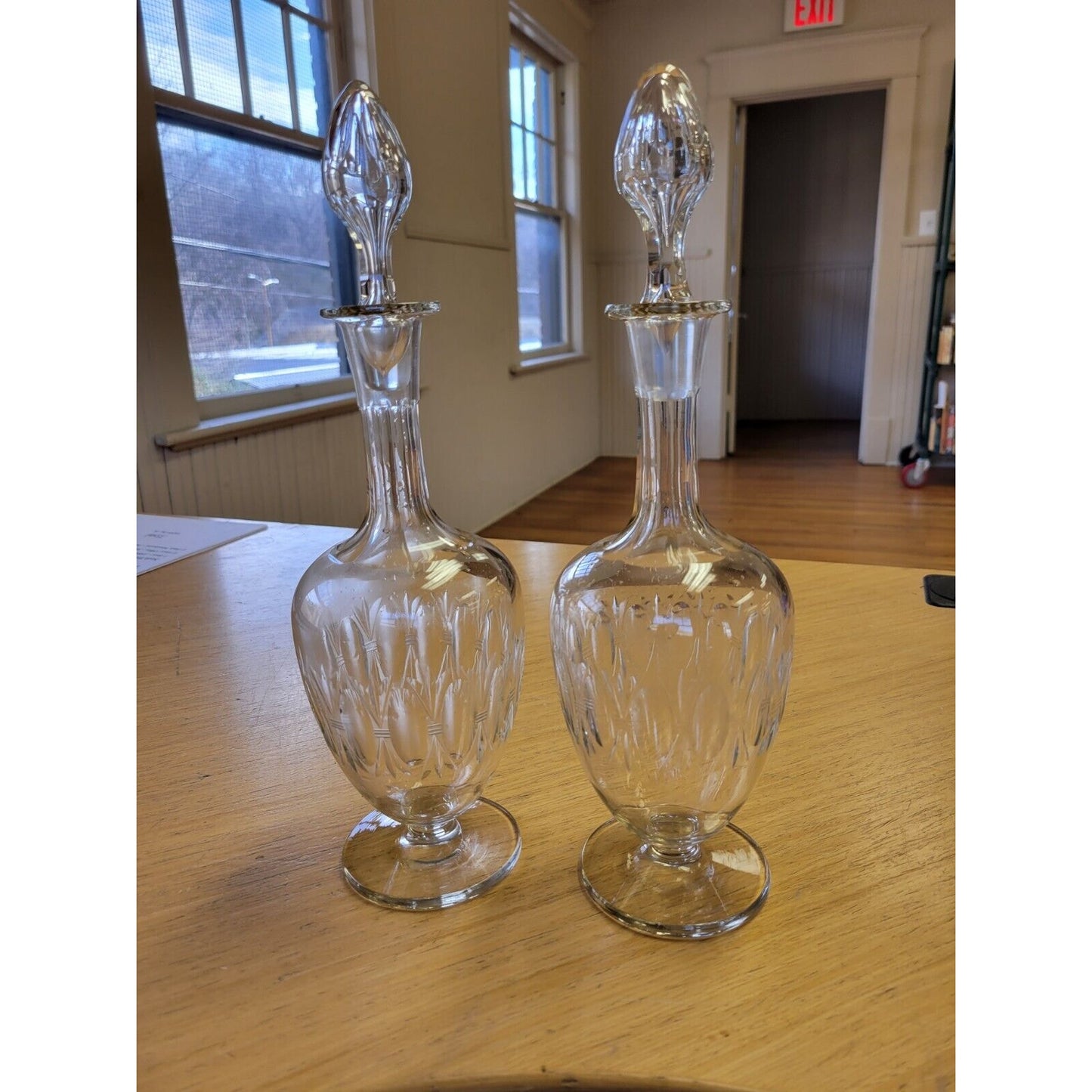 Pair of Elegantly Detailed Wine Footed Decanters