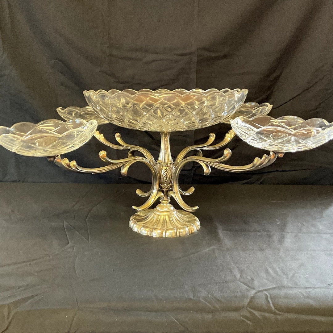 Silver Plated Crystal Bowl Epergne - Signed