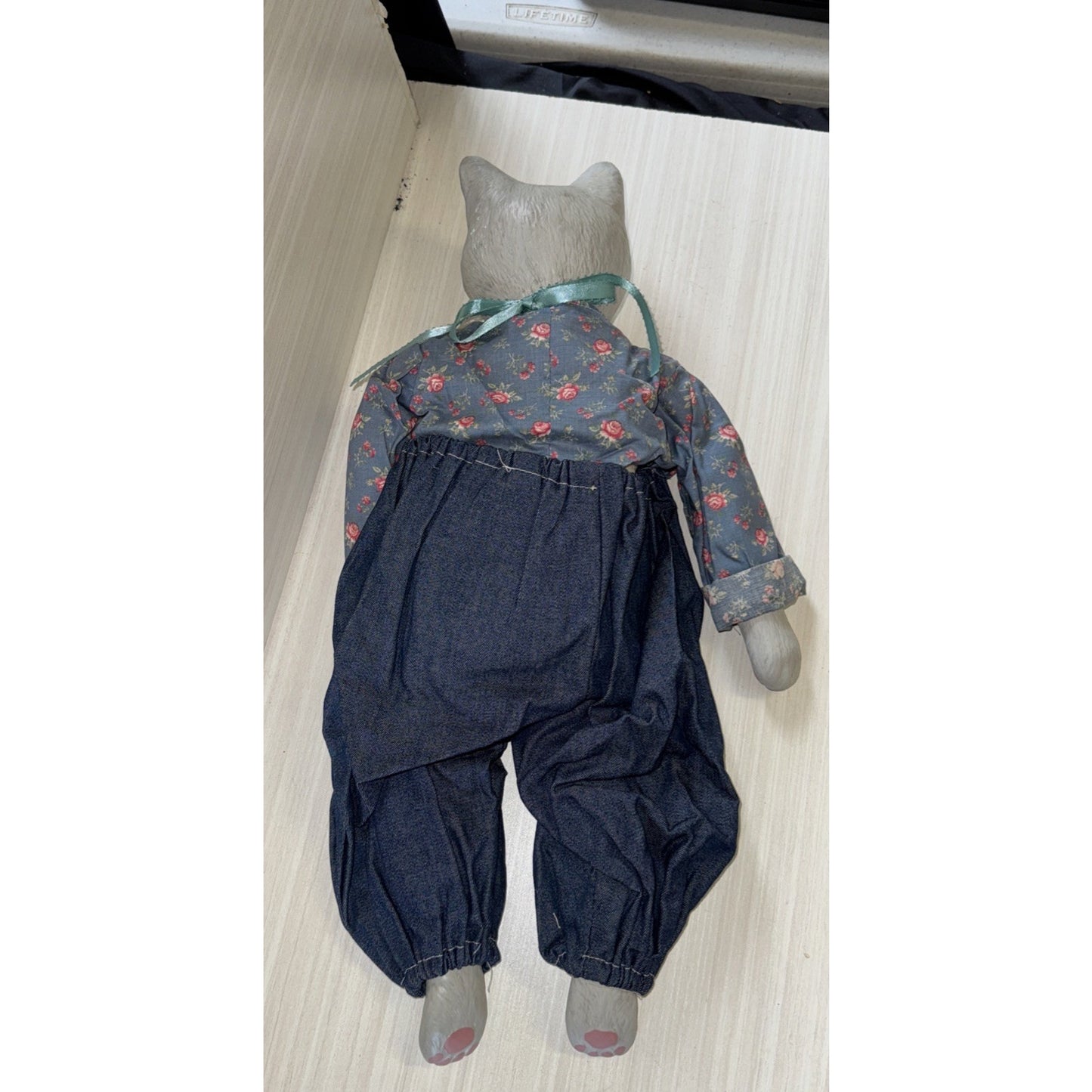 Porcelain Cat Doll VTG 22" Male Green Eyes Gray Floral Shirt Denim Jeans