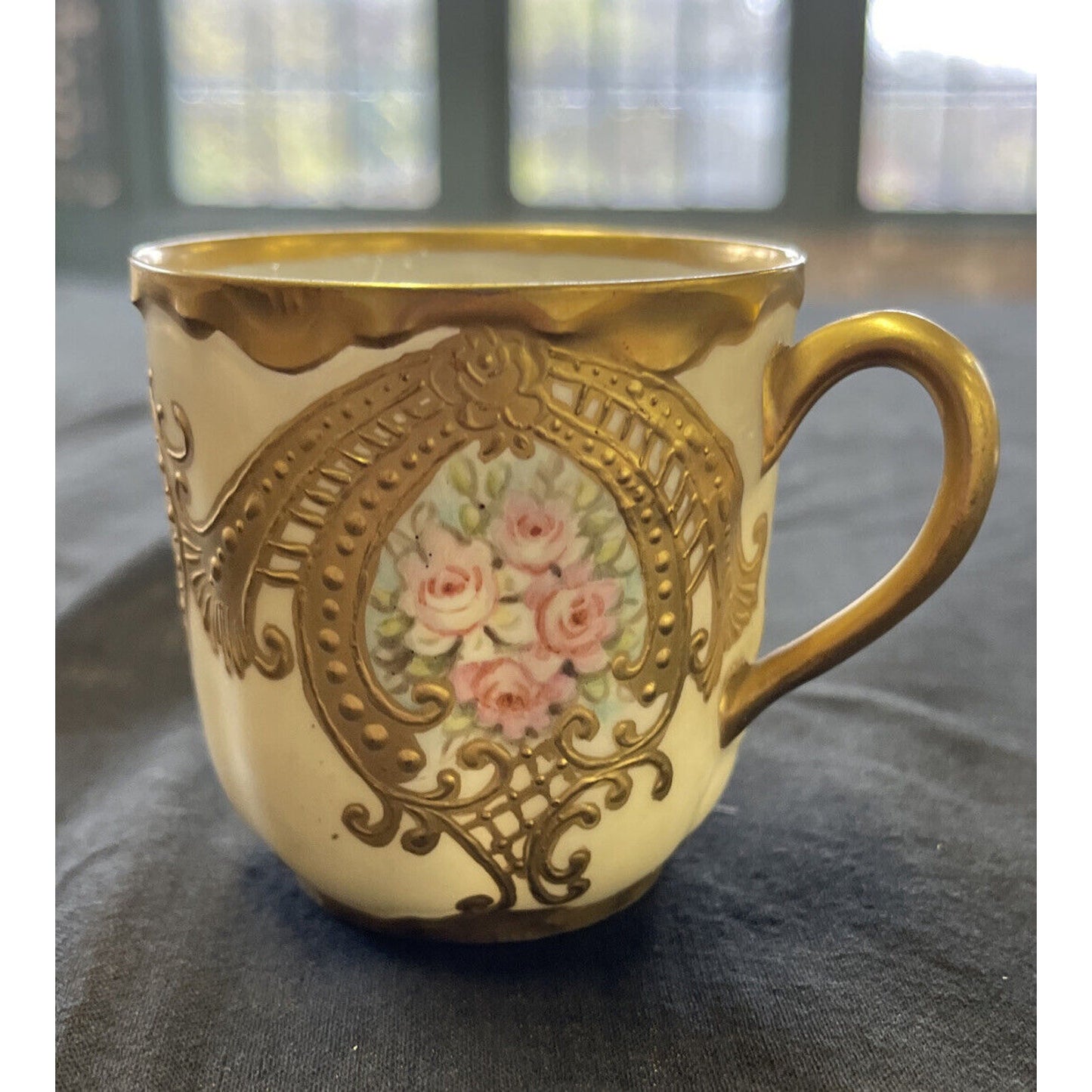 Antique Teacup Raised Gold w/ Hand Painted Floral Pattern Haviland circa 1900