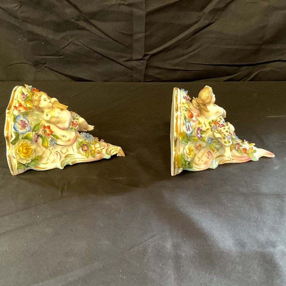 Vintage Voigt Bros. Porcelain Mini Wall Console Floral & Cherub Motif - Pair