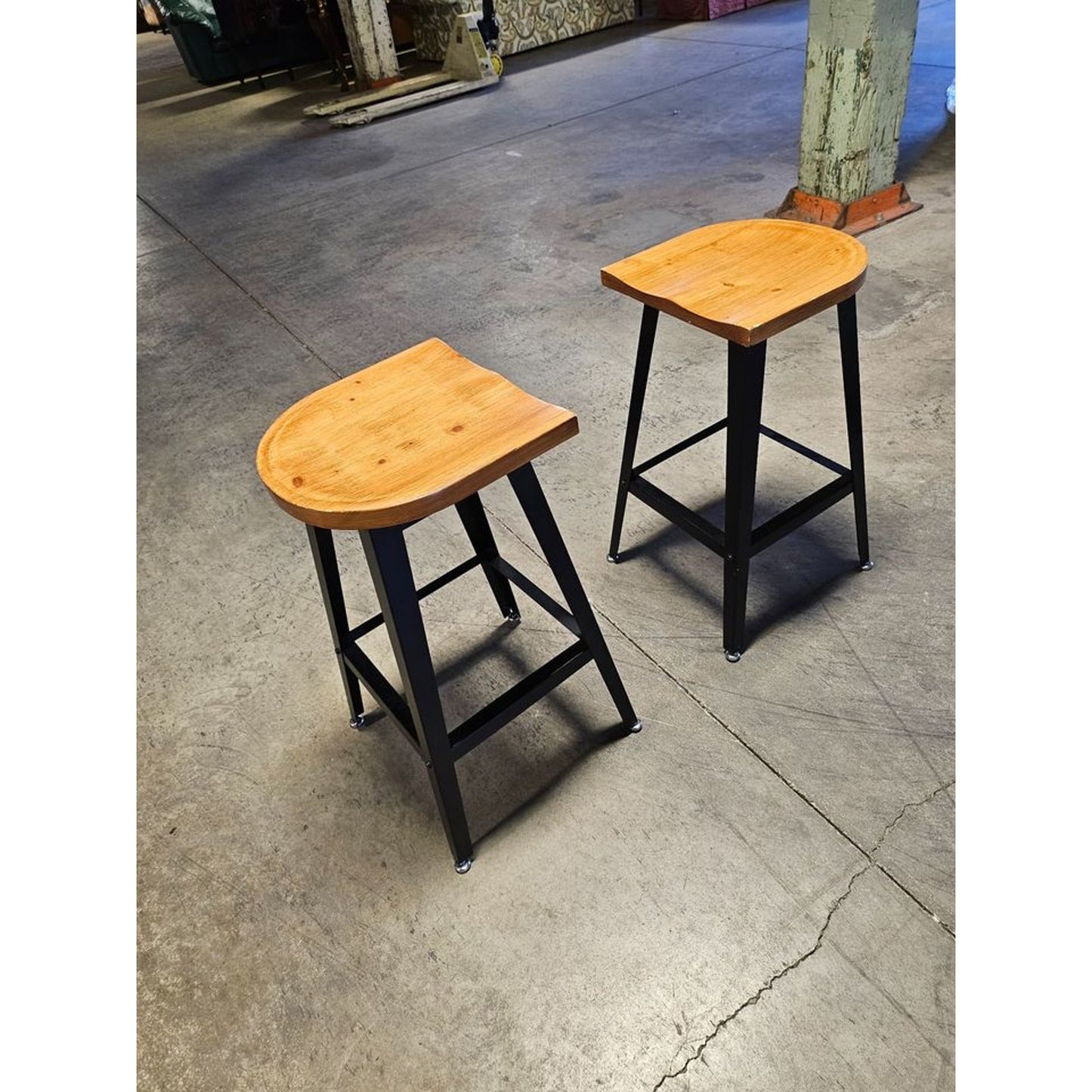 Set of Two Metal Frame Half Round Wood Seat Barstools