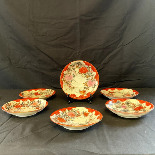 Vintage Asian Hand Painted Ceramic Saucers - Set of 6