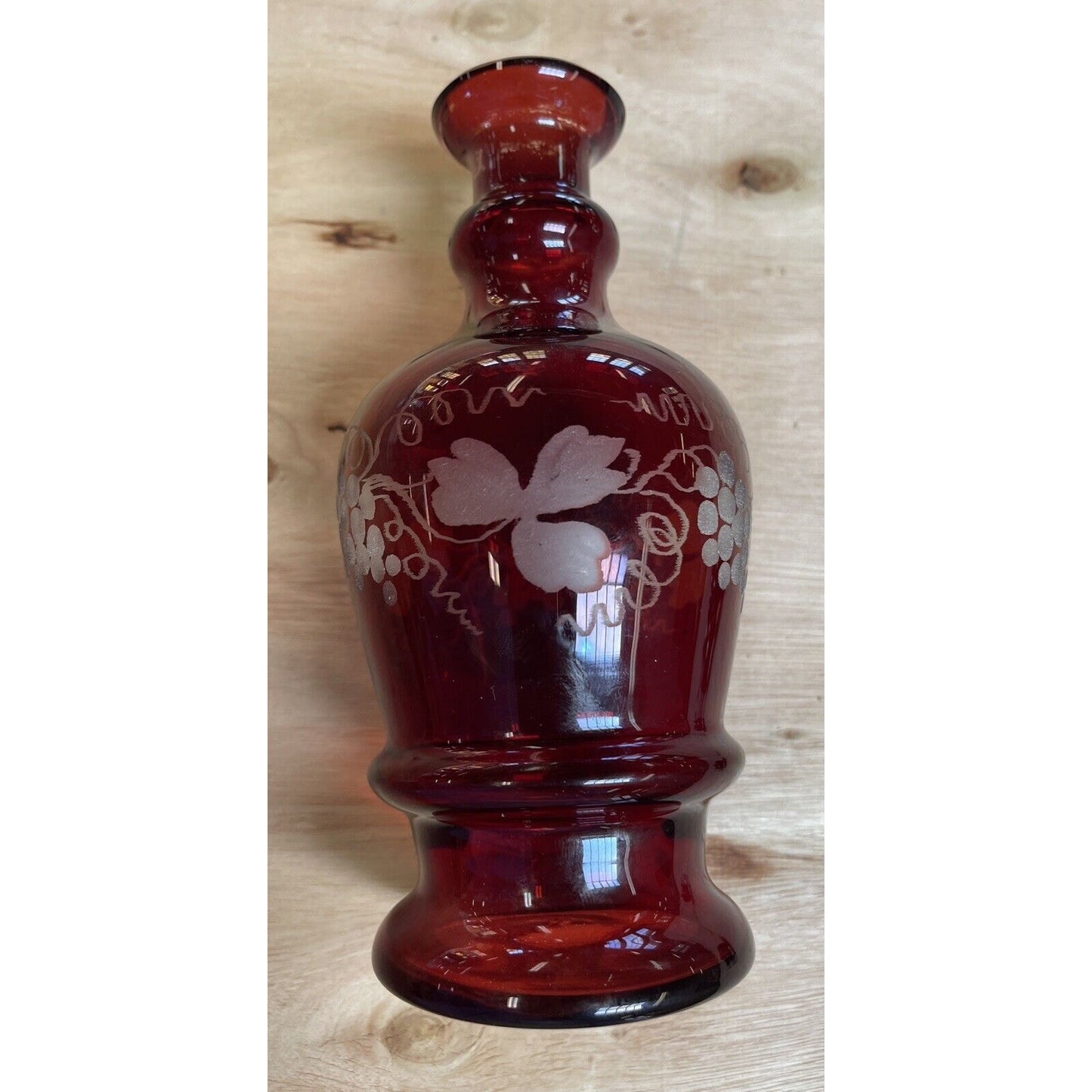 Pair of Bohemian Ruby Red Sand Etched Decanters