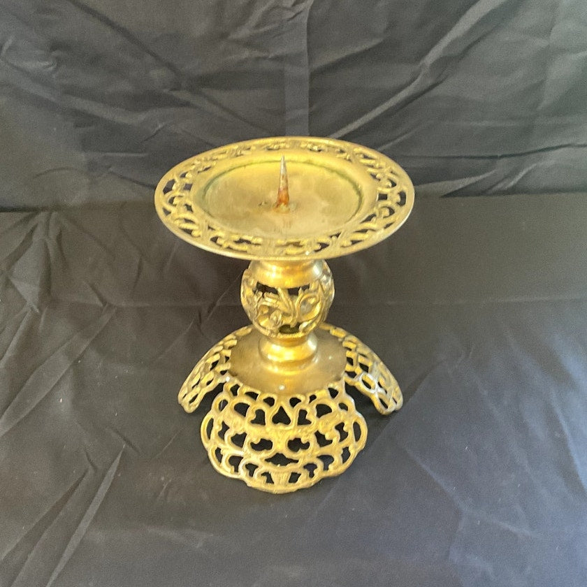 Vintage Brass Filigree Pillar Candle Holder