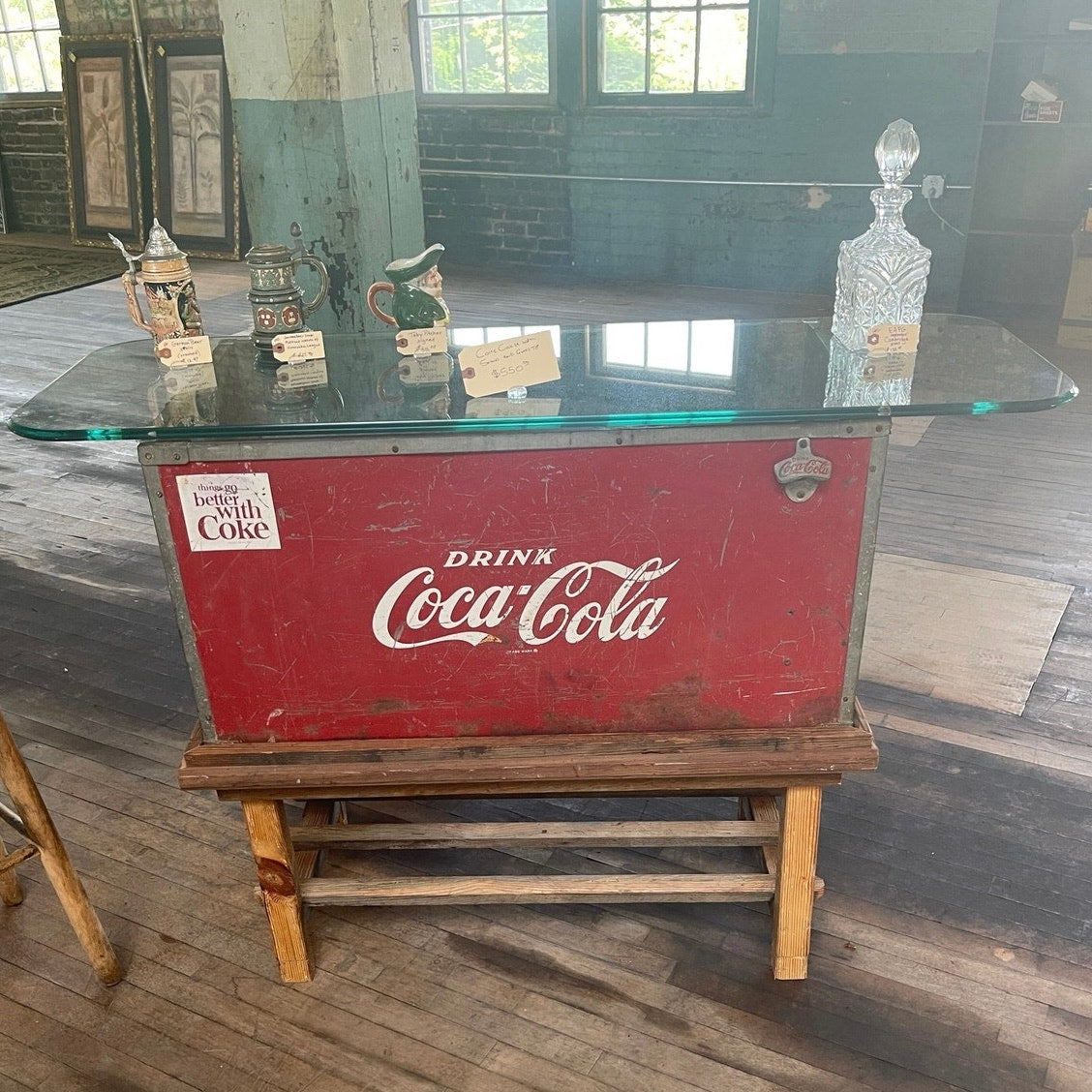 Upcycled  Bar/ Table Vintage Coca Cola Cooler with Wooden Stand and Slass Top