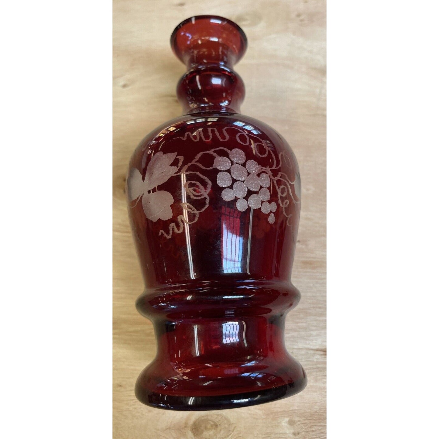 Pair of Bohemian Ruby Red Sand Etched Decanters