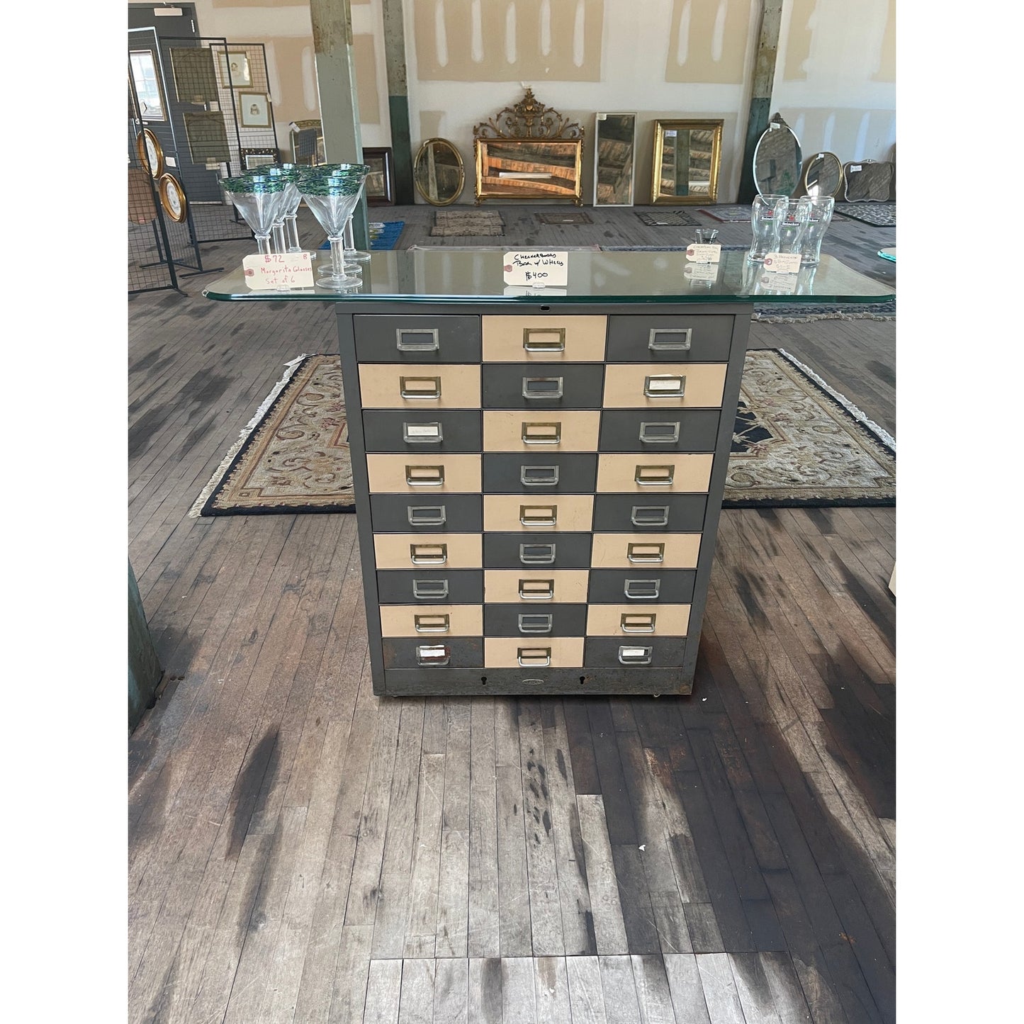 Upcycled Bar - Cole 27 Drawer File Cabinet on Wheels with Glass Top