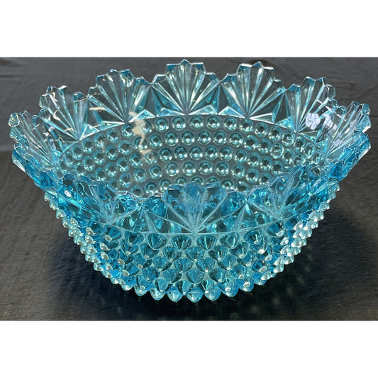 Vintage Imperial Hobnail Blue Glass Bowl with Scalloped Fan Shaped Rim