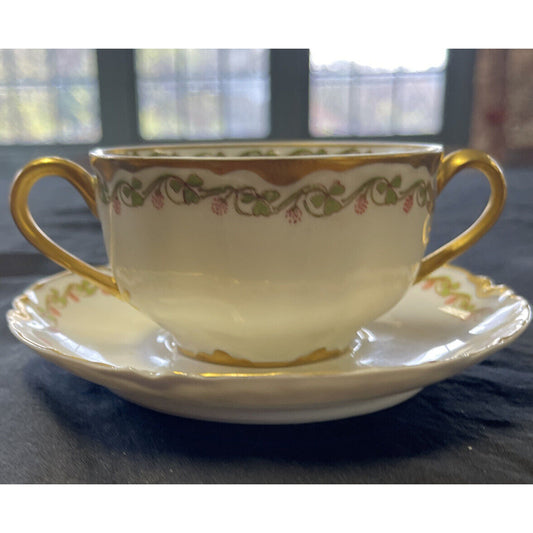 Haviland & Co Limoges Gilded Cream Soup or Bullion Cup & Saucer circa 1900's