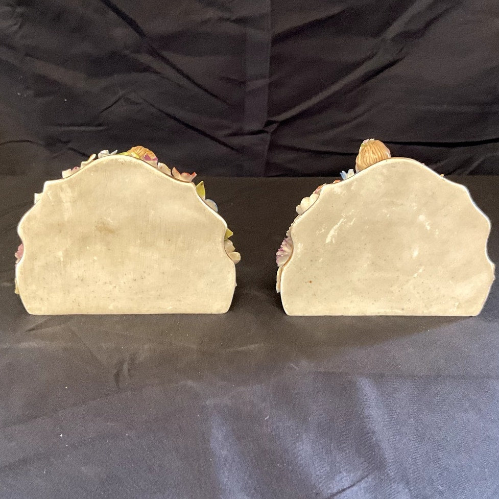 Vintage Voigt Bros. Porcelain Mini Wall Console Floral & Cherub Motif - Pair